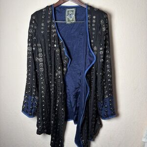 Free People Crossed Coins Embellished Blazer Jacket Black‎ Blue M $700 Retail